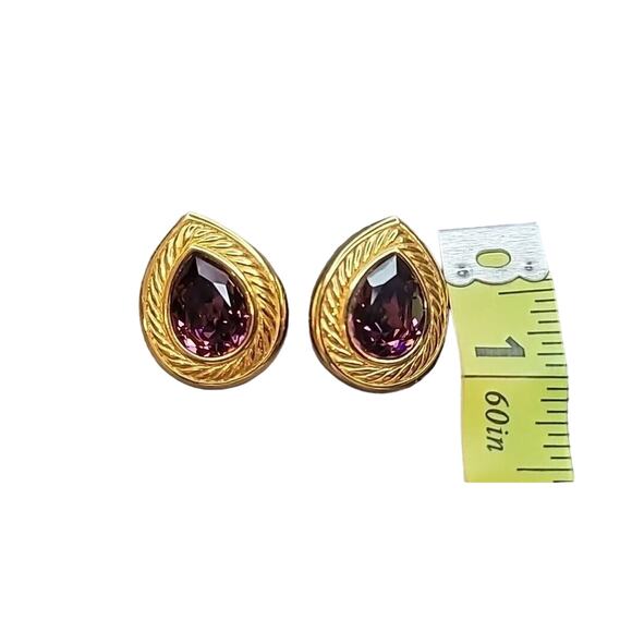 Vintage Swarovski Pear-Shaped Amethyst Gold Tone Pierced Earrings - Picture 5 of 6